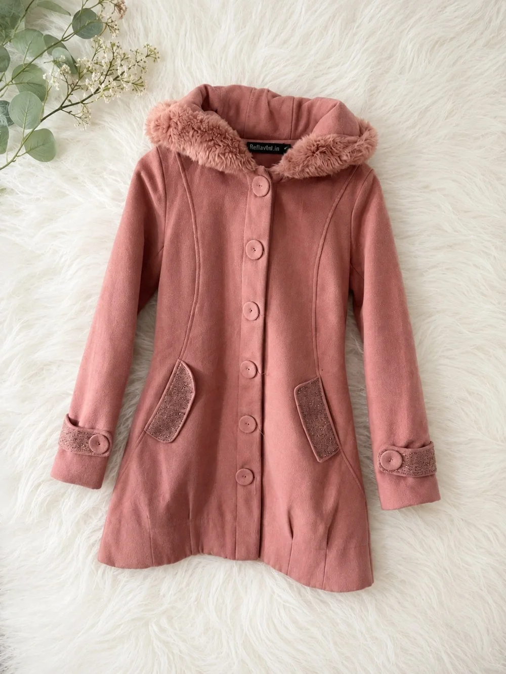 RebaYulin Dusty Rose Pink Faux Fur Hood Rhinestone Embellished Coat Size M